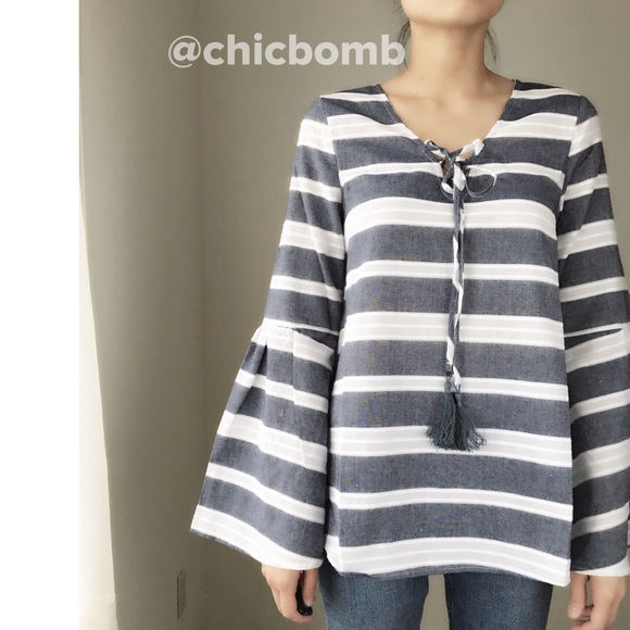 NORDSTROM LOVERICHE STRIPED BELL SLEEVES TOP - Picture 1 of 5